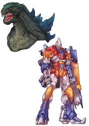 bad_id bad_pixiv_id godzilla godzilla_(series) jet_jaguar kaiju kusagami_style mecha no_humans robot shield simple_background