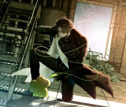 Rule 34 | 1boy, backlighting, bags under eyes, brown coat, brown hair, cannot be empty, charger, coat, curtained hair, frog, full body, fur collar, glowing, green eyes, hand on own face, haze, highres, male focus, on one knee, open door, rain, robo frostor, serious, short hair, skoshism, solo, stairs, stairwell, tile floor, tile wall, tiles, white coat