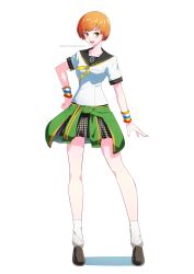 Rule 34 | 1girl, :d, absurdres, bare legs, black sailor collar, blush, breasts, brown eyes, brown shoes, clothes around waist, collarbone, commentary, english commentary, eyelashes, full body, green jacket, grey skirt, hand on own hip, highres, jacket, jacket around waist, legs, looking at viewer, loose socks, master sick art, miniskirt, neckerchief, open mouth, orange hair, persona, persona 4, pleated skirt, print skirt, sailor collar, satonaka chie, school uniform, shoes, short hair, short sleeves, simple background, skirt, small breasts, smile, socks, solo, white background, white socks, yasogami school uniform, yellow neckerchief