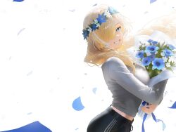1girl ahoge arched_back blonde_hair blue_eyes blue_flower bouquet breasts commentary cowboy_shot crossed_arms english_commentary falling_petals floating_hair flower from_side grin gym_shorts hair_over_one_eye hair_over_shoulder head_wreath highres holding holding_bouquet large_breasts long_hair long_sleeves looking_at_viewer midriff_peek multicolored_hair original parted_bangs petals pracuneth ribbed_sweater shorts smile solo streaked_hair sweater two-tone_hair very_long_hair white_background white_flower white_streaks