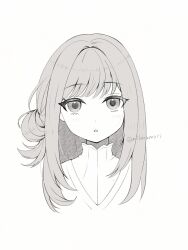 1girl :o aged_down cropped_torso dress grey_eyes grey_hair hair_bun highres looking_at_viewer medium_hair milmil7 portrait reverse:1999 single_side_bun solo twitter_username vertin_(reverse:1999) white_background white_dress