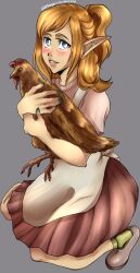 Rule 34 | 1girl, animal, apron, artist name, bird, blonde hair, blue eyes, blue nails, blush, chicken, commission, commissioner upload, creature, dress, elf, elvavena araline, fingernails, freckles, highres, holding, holding animal, holding creature, kneeling, long hair, looking at viewer, nail polish, official art, pierogizzasmazka, pink dress, pointy ears, ponytail, shoes, short sleeves, signature, skirt, smile, socks, solo, ways of darkness (series)