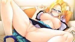 1girl azumino_g_sakurako beer_can blonde_hair blue_eyes blush bra breasts breasts_apart breasts_out can censored clothes_around_waist couch cushion drink_can drunk embarrassed female_focus game_cg gintarou_(kurousagi108) glasses groin holding indoors large_breasts legs long_hair looking_at_viewer lying megasuki!_~kanojo_to_boku_no_megane_jijou~_azumino_g_sakurako_hen mole mole_under_eye mosaic_censoring nipples open_bra open_clothes original panties panties_around_leg pussy skirt smile solo spread_legs thighs underwear upskirt