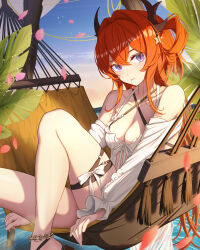 1girl arknights bare_shoulders bikini black_bikini breasts cherry cleavage criss-cross_halter demon_horns food fruit hair_intakes hair_ornament hair_rings halterneck hammock horns long_hair looking_at_viewer official_alternate_costume purple_eyes red_hair shironekoban sitting solo star_(symbol) star_hair_ornament surtr_(arknights) surtr_(colorful_wonderland)_(arknights) swimsuit swimsuit_cover-up thigh_strap
