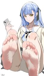 1girl absurdres bang_dream! bang_dream!_it&#039;s_mygo!!!!! barefoot blue_hair cellphone feet highres long_hair looking_at_viewer panties pantyshot phone shiba_up~ smartphone soles toes togawa_sakiko twintails underwear yellow_eyes