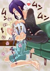 1futa 1girl asikoma7777 blush boku_no_hero_academia cum cum_in_clothes cum_on_clothes cum_through_clothes ejaculation ejaculation_under_clothes eri_(boku_no_hero_academia) feet foot_focus futanari grey_hair highres jiro_kyoka penis purple_eyes purple_hair smell smelling smelling_feet smelly_feet soles trembling