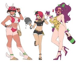 Rule 34 | 1boy, 2girls, @ @, abs, adjusting clothes, adjusting headwear, alcohol, alternate costume, animal print, ankle wings, anklet, bag, baseball cap, bead anklet, bead bracelet, beads, bikini, bikini shorts, black choker, black flower, black nails, blowing whistle, blue eyes, blush, boned meat, bottle, bracelet, breasts, bright pupils, brown hair, character name, choker, cleavage, cleavage cutout, clothing cutout, colored inner hair, cross, crossdressing, crossdressing (mtf), cup, dark-skinned female, dark-skinned male, dark skin, dionysus (mythology), drinking glass, dripping, drunk, flip-flops, flower, food, fruit, full-face blush, full body, genderswap, genderswap (ftm), genderswap (mtf), gradient hair, grapes, greek mythology, green eyes, hair flower, hair ornament, hair over one eye, half-closed eyes, hand in own hair, hand on headwear, hand on own hip, hand up, hands up, hat, heart, hermes (mythology), high heels, high ponytail, holding, holding food, jewelry, large breasts, leg up, leg wings, leopard print, lifeguard, long hair, looking at viewer, meat, messenger bag, midriff, multicolored bikini, multicolored hair, multiple bracelets, multiple girls, nail polish, navel, o-ring, o-ring choker, off-shoulder bikini, off shoulder, one-piece swimsuit, open fly, open mouth, original, pearl bracelet, persephone (mythology), pink hair, ponytail, print one-piece swimsuit, print swimsuit, purple eyes, purple hair, purple shoes, red bikini, red cross, red hat, red sports bra, sandals, see-through cleavage, see-through clothes, shoes, short hair, short shorts, shorts, shorts tan, shoulder bag, sideboob, skull print, slippers, smile, sports bra, standing, standing on one leg, swimsuit, tan, tanline, teeth, toenail polish, toenails, toned, toned female, tongue, tongue out, trap, two-tone bikini, two-tone hair, two-tone sports bra, upper teeth only, wanderjegson, watch, whistle, whistle around neck, white bikini, white hair, white pupils, white sports bra, wine bottle, wine glass, winged hat, wings, wristband, wristwatch