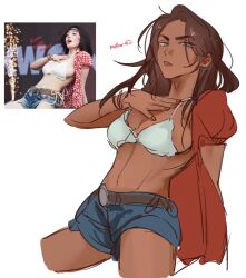 1girl alien_stage belt bra breasts brown_belt brown_hair commentary cosplay dark-skinned_female dark_skin denim denim_shorts english_commentary english_text grey_eyes hand_on_own_chest highres hyuna_(alien_stage) kwon_eun-bi kwon_eun-bi_(cosplay) long_hair midriff open_clothes open_shirt red_shirt shirt short_shorts short_sleeves shorts simple_background solo stomach the_quipper underwear white_bra