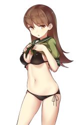 10s 1girl bikini bikini_under_clothes black_bikini blush breasts brown_eyes brown_hair cleavage clothes_lift female_focus highres kantai_collection long_hair navel ninnzinn no_pants ooi_(kancolle) open_mouth school_uniform serafuku shirt_lift simple_background solo swimsuit white_background