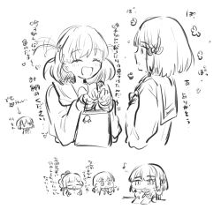 Rule 34 | 4girls, ahoge, anyoji hime, arrow (symbol), bag, blunt bangs, blush, bob cut, chibi, closed mouth, eighth note, expressive hair, flower symbol, gift bag, greyscale, hair ornament, highres, hinoshita kaho, holding, holding bag, kachimachi kosuzu, link! like! love live!, long hair, looking at another, love live!, medium hair, momose ginko, monochrome, multi-tied hair, multiple girls, musical note, open mouth, ponytail, rabbit hair ornament, short hair, simple background, smile, translation request, two side up, uo (wotakana p), v-shaped eyebrows, virtual youtuber, white background