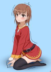 Rule 34 | 1girl, absurdres, bandaged leg, bandages, belt, between legs, black thighhighs, blush, brown belt, brown eyes, brown hair, closed mouth, commentary, cosplay, dress, full body, gradient background, hand between legs, highres, kono subarashii sekai ni shukufuku wo!, blue background, long sleeves, looking at viewer, medium hair, megumin, megumin (cosplay), misaka mikoto, momojotaro92, red dress, signature, single thighhigh, sitting, solo, thighhighs, toaru kagaku no railgun, toaru majutsu no index, trembling, wariza, wavy mouth
