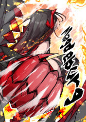 1girl absurdres azur_lane black_hair black_thighhighs character_name clenched_hand from_behind highres horns long_hair magdeburg_(azur_lane) oriue_wato red_eyes red_horns rigging single_horn sketch solo thighhighs torn_clothes torn_thighhighs