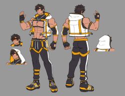 1boy abs brown_hair highres indie_virtual_youtuber jacket kite_hasegawa male_focus muscular oneirio open_clothes open_jacket pubic_hair shoes sneakers yellow_eyes