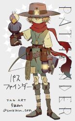 1boy 5-en digimon digimon_(creature) full_body grey_background hat headlamp highres lantern male_focus nohemon red_scarf scarecrow scarf simple_background solo stuffed_animal stuffed_bird stuffed_toy twitter_username