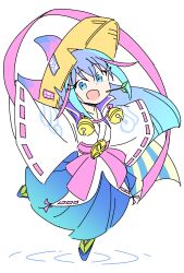 1girl :d anbe_masahiro bell blue_eyes blue_hair character_request copyright_request full_body gradient_clothes gradient_hair gradient_skirt hat highres leaf long_eyelashes long_hair multicolored_hair open_mouth pale_skin skirt sleeves_past_fingers sleeves_past_wrists smile solo wide_sleeves yellow_hat