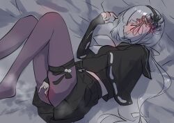 1girl assault_lily bed_sheet black_capelet black_flower black_hairband black_ribbon black_sailor_collar black_serafuku black_shirt black_skirt blush blush_visible_through_hair breasts capelet closed_mouth clothed_masturbation commentary_request ear_blush feet_out_of_frame female_masturbation flower grey_hair hair_flower hair_ornament hair_ribbon hairband hand_up highres houji_tea_latte long_hair long_sleeves low_ponytail lying masturbation masturbation_through_clothes medium_breasts midriff_peek miniskirt neckerchief no_shoes on_side pantyhose parted_lips pleated_skirt ponytail profile protected_link purple_flower purple_pantyhose pussy_juice pussy_juice_stain red_flower ribbon ribbon-trimmed_capelet ribbon_trim sailor_collar school_uniform serafuku shirt skirt sleeves_past_wrists solo stained_clothes stained_sheets steaming_body thigh_strap very_long_hair white_neckerchief yamaguchi_chihiro_(assault_lily)