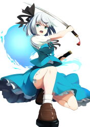 1girl black_ribbon blue_skirt blue_vest breasts brown_shoes commentary_request frilled_skirt frills green_eyes grey_hair highres hitodama holding holding_sheath holding_sword holding_weapon katana konpaku_youmu konpaku_youmu_(ghost) loafers looking_at_viewer neck_ribbon open_mouth puffy_short_sleeves puffy_sleeves ribbon sheath shirt shoes short_sleeves simple_background skirt skirt_set socks solo sword touhou unsheathed vest wakadori1234 weapon white_background white_shirt white_socks