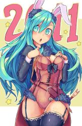 1girl animal_ears belt blue_eyes blue_hair bow breasts cleavage curvy female_focus garter_belt matching_hair/eyes new_year original rabbit_ears saltydanshark solo thighhighs wide_hips