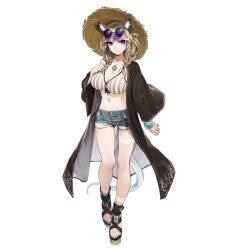 Rule 34 | 1girl, animal ear fluff, animal ears, arknights, bikini, black coat, blue shorts, breasts, brown hair, cleavage, coat, collarbone, denim, denim shorts, eyewear on head, front-tie bikini top, front-tie top, full body, grey bikini, hair ornament, hairclip, hand on own chest, hat, jewelry, kamameshi gougoumaru, large breasts, long hair, long sleeves, looking at viewer, nail polish, navel, necklace, off shoulder, official alternate costume, official art, open clothes, open coat, purple eyes, round eyewear, sandals, short shorts, shorts, smile, solo, standing, stomach, straw hat, string bikini, striped bikini, striped clothes, sunglasses, swimsuit, swimsuit cover-up, tachi-e, tail, tan, tanline, thighs, third-party source, toenail polish, toenails, transparent background, utage (arknights), utage (summer flowers) (arknights), wide sleeves, wristband, x hair ornament