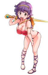 1girl :d ahoge armlet athena_(series) bare_shoulders bikini breasts cleavage collarbone fingernails full_body hand_on_own_neck holding holding_sword holding_weapon jewelry large_breasts legs_apart long_hair looking_at_viewer open_mouth orange_eyes over_shoulder pink_bikini princess_athena purple_hair shield simple_background skindentation smile solo standing suzuki24 swimsuit sword tareme toenails weapon weapon_over_shoulder white_background