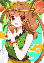 1girl :3 :d blush bracelet brown_hair circlet commentary detached_sleeves dress food frilled_dress frills fruit gold_circlet green_dress hand_up highres holding holding_food holding_fruit jewelry leaf long_hair milll_77 monkey_tail multicolored_dress open_mouth peach red_eyes single-shoulder_dress single_detached_sleeve smile solo son_biten tail touhou upper_body white_sleeves yellow_dress