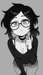 1girl ashley_graves black_hair black_shirt blush breasts choker cleavage glasses gozuu highres long_sleeves pink_eyes ponytail shirt shorts simple_background the_coffin_of_andy_and_leyley