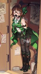 1girl absurdres akizuki_ritsuko antenna_hair arms_behind_back ball_gag bare_shoulders bdsm belt black_boots black_pantyhose black_skirt bondage boots bound bound_ankles bound_arms bound_thighs braid breasts brown_eyes brown_hair cad_(caddo) closet clothes_hanger collar collared_shirt commentary commission constricted_pupils english_commentary full_body gag glasses green_belt green_ribbon green_shirt high_heel_boots high_heels highres idolmaster idolmaster_(classic) indoors lace-up_boots looking_at_viewer navel neck_ribbon overskirt pantyhose red_collar restrained ribbon saliva scared second-party_source semi-rimless_eyewear sex_toy shirt skirt sleeveless sleeveless_shirt solo standing sweatdrop tape under-rim_eyewear vibrator vibrator_cord vibrator_under_clothes