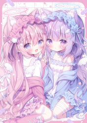 2girls animal_ear_fluff animal_ears aqua_eyes aqua_halo aqua_jacket aqua_leg_warmers aqua_ribbon bandaged_leg bandages bandaid bandaid_on_leg bandaid_print blush border bow cat_ears cat_girl cat_hair_ornament cat_tail collar commentary detached_collar dress frilled_collar frilled_dress frilled_sailor_collar frills hair_between_eyes hair_ornament halo heart heart_hair_ornament highres jacket kamishiro_piyo leg_warmers long_hair long_sleeves looking_at_viewer maid_headdress multiple_girls open_clothes open_jacket open_mouth original pill pill_hair_ornament pill_print pink_border pink_halo pink_jacket pink_leg_warmers pink_ribbon purple_eyes ribbon sailor_collar shirt sidelocks sitting sparkle_hair_ornament star_(symbol) symbol-only_commentary tail tail_bow tail_ornament very_long_hair wariza white_dress white_sailor_collar white_shirt white_wings wing_hair_ornament wings yami_kawaii yume_kawaii