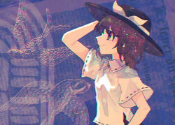 1girl black_hat brown_eyes brown_hair closed_mouth collared_shirt fedora from_side hand_on_headwear hat itomugi-kun shirt short_hair short_sleeves smile solo taboo_japan_disentanglement touhou upper_body usami_renko white_shirt