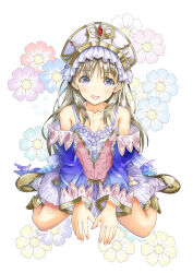 1girl absurdres atelier_(series) atelier_magnolia atelier_totori brown_hair dress flower headdress highres looking_at_viewer open_mouth shoes sitting smile solo totooria_helmold wariza white_background wide_sleeves