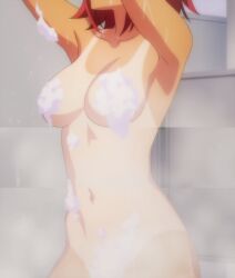 1girl anime_screenshot bokutachi_wa_benkyou_ga_dekinai breasts cleavage convenient_censoring female_focus highres medium_breasts medium_hair navel nude red_hair soap_bubbles solo steam stitched takemoto_uruka tan tanline third-party_edit