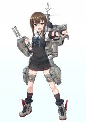 Rule 34 | 1girl, adapted costume, adapted turret, black hair, black skirt, cannon, commentary request, female focus, fubuki (kancolle), green eyes, highres, kantai collection, low ponytail, machinery, mast, minosu, open mouth, original remodel (kantai collection), pleated skirt, ponytail, sailor collar, school uniform, serafuku, ship turret, short ponytail, sidelocks, simple background, skirt, smile, solo, standing, sweater vest, torpedo launcher, white background, white sailor collar
