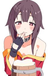 1girl bare_shoulders beer_mug black_collar black_gloves blush_stickers brown_hair collar commentary cup dot_nose dress fingerless_gloves flat_chest gloves hair_between_eyes hair_flaps hand_to_own_mouth highres kono_subarashii_sekai_ni_shukufuku_wo! megumin mug noyama_takenoko off-shoulder_dress off_shoulder red_dress red_eyes short_hair_with_long_locks simple_background solo upper_body white_background