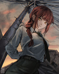 Rule 34 | 1girl, absurdres, arms behind back, black necktie, black pants, braid, braided ponytail, chainsaw man, collared shirt, evening, highres, looking at viewer, makima (chainsaw man), medium hair, necktie, outdoors, pants, power lines, red hair, ringed eyes, shirt, shirt tucked in, sidelocks, smile, solo, taorotana, utility pole, white shirt, yellow eyes