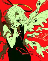 1girl angel angel_wings black_eyes black_vest cowboy_shot hair_over_one_eye halo hand_on_own_chin highres long_hair looking_at_viewer momomo_906 multiple_wings original red_background seraph simple_background solo vest wings