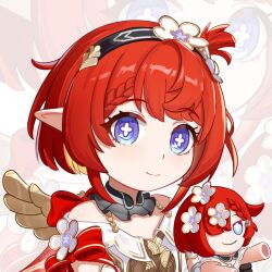 1girl angel_wings black_gloves black_hairband blue_eyes character_doll chinese_commentary commentary_request cross-shaped_pupils doll dress flower gloves hair_flower hair_ornament hairband holding holding_doll honkai:_star_rail honkai_(series) pointy_ears red_hair shi-er-shi short_hair smile solo symbol-shaped_pupils trianne_(honkai:_star_rail) tribbie_(honkai:_star_rail) upper_body white_dress wings zoom_layer