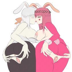 animal_ears black_souls braid censored crown_of_thorns highres kiss leotard meme_attire mosaic_censoring nipples node_(black_souls) playboy_bunny rabbit_ears rabbit_tail reverse_bunnysuit reverse_outfit romeboom self-upload spread_pussy spreading_own_pussy tail tongue tongue_out unfinished yuri