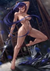 Rule 34 | 1girl, absurdres, arm up, blue hair, blue nails, breasts, clorinde (genshin impact), closed eyes, closed mouth, collarbone, commentary, completely nude, convenient censoring, english commentary, full body, genshin impact, gun, highres, holding, holding gun, holding sword, holding weapon, large breasts, long hair, nail polish, navel, nude, paid reward available, patreon username, queasy s, solo, stomach, sword, thighs, toenail polish, toenails, toes, very long hair, weapon