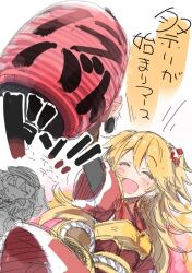 2girls :d =_= ^_^ blonde_hair blush closed_eyes closed_mouth facing_viewer frown holding holding_lantern ito_ryo japanese_clothes kimono lantern long_hair monika_weisswind multiple_girls ninon_(princess_connect!) open_mouth princess_connect! red_kimono short_sleeves smile solo_focus translation_request two_side_up white_background
