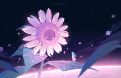 1girl aqua_hair artist_name blue_hair dress facing_away flower from_behind huhv. leaf long_hair night night_sky original planet scenery sky solo space sparkle standing star_(sky) starry_sky sunflower white_dress wide_shot