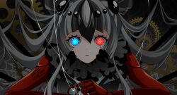 1girl black_hair black_vest blue_eyes breasts doll_joints fate/grand_order fate_(series) gears glowing glowing_eyes grey_hair hair_between_eyes heterochromia highres joints kashin_koji_(fate) kashin_koji_(third_ascension)_(fate) long_hair looking_at_viewer medium_breasts multicolored_hair neck_ruff parted_lips red_eyes sidelocks solo spider_web-shaped_pupils very_long_hair vest wagu_neru white_hair