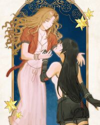 2girls aerith_gainsborough bangle bare_shoulders black_gloves black_hair black_shorts black_skirt black_thighhighs bracelet breasts brown_hair choker closed_eyes closed_mouth cropped_jacket dress elbow_gloves final_fantasy final_fantasy_vii final_fantasy_vii_rebirth final_fantasy_vii_remake fingerless_gloves flower_choker gloves hair_tie hel_6 highres holding_hands jacket jewelry long_dress long_hair low-tied_long_hair medium_breasts multiple_girls parted_bangs parted_lips pink_dress puffy_short_sleeves puffy_sleeves red_jacket shirt short_sleeves shorts shorts_under_skirt sidelocks skirt smile suspenders thighhighs tifa_lockhart upper_body white_shirt yuri