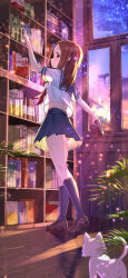 1girl absurdres arm_up black_socks blue_sailor_collar blue_skirt book bookshelf brown_eyes brown_hair brown_shoes cat chair commentary_request from_behind full_body geez highres holding holding_book indoors karakai_jouzu_no_takagi-san light_particles loafers long_hair looking_at_viewer looking_back neckerchief pleated_skirt reaching red_neckerchief sailor_collar school_uniform serafuku shirt shoes short_sleeves skirt socks solo standing sunset takagi-san untucked_shirt upshirt white_cat white_shirt window wooden_floor