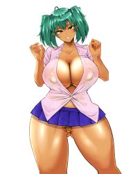 Rule 34 | absurdres, blouse, breasts, earrings, green eyes, green hair, haiboku, highres, ikkitousen, jewelry, large breasts, looking at viewer, ryofu housen, shiny skin, shirt, simple background, skirt, teeth, thick thighs, thighs, twintails, white background