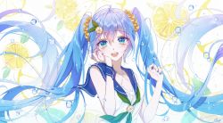 1girl :d ahoge ascot blue_eyes blue_hair blue_nails blue_sailor_collar breasts cleavage criss-cross_halter food food-themed_hair_ornament fruit fruit_background gradient_ascot gradient_hair gradient_neckwear green_eyes green_neckerchief hair_between_eyes hair_ornament hair_scrunchie halterneck hand_in_own_hair hand_on_own_cheek hand_on_own_face hatsune_miku highres leaf lemon lemon_hair_ornament lemon_slice long_hair looking_at_viewer multicolored_eyes multicolored_hair nail_polish neckerchief open_mouth osage_(8545675) purple_hair sailor_collar scrunchie sleeveless smile solo sparkle upper_body very_long_hair vocaloid water_drop white_background wrist_cuffs