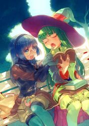 Rule 34 | 2girls, blue hair, book, boots, closed eyes, commentary request, dappled sunlight, feeding, glasses, green hair, hat, hayasaka, highres, holding, holding book, maria custard, masou shizuka, multiple girls, open mouth, rance (series), round eyewear, sitting, smile, sunlight, thigh boots, witch hat