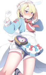 1boy apron blonde_hair blue_eyes blue_sleeves blush bow bowtie cosplay crossdressing dress freckles freminet_(genshin_impact) genshin_impact gloves hair_ears hat highres long_sleeves menokonome nurse_cap pink_bow red_bow red_bowtie short_hair shorts sigewinne_(genshin_impact) sigewinne_(genshin_impact)_(cosplay) simple_background solo trap white_background white_gloves