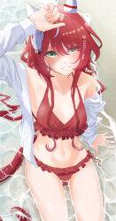 1girl absurdres alternate_costume arm_up armpits beach bikini breasts cleavage collarbone commentary_request ear_covers ear_ornament frilled_bikini frills green_eyes hair_between_eyes hair_ornament highres horse_girl looking_at_viewer low_twintails navel ocean rbxlaifjzlilxep red_bikini red_hair small_breasts swimsuit twintails umamusume win_variation_(umamusume)