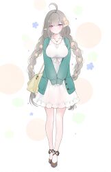 1girl ahoge alternate_costume azur_lane bag blue_eyes braid breasts brown_shoes cardigan collarbone commentary_request commission dress evertsen_(azur_lane) flower flower_necklace full_body green_cardigan green_hair hair_flower hair_ornament handbag highres jewelry large_breasts livetarica long_hair necklace open_clothes parted_lips pixiv_commission pointy_ears shoes solo standing tulip twin_braids white_background white_dress yellow_bag yellow_flower yellow_tulip