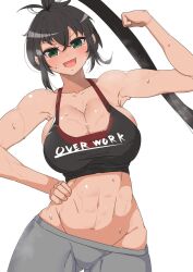 1girl abs amidori bare_shoulders black_hair blush breasts crop_top green_eyes highres homura_(senran_kagura) large_breasts long_hair pants ponytail senran_kagura sleeveless sweat